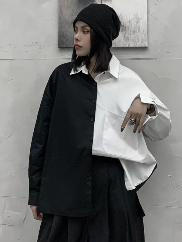 Stylish Contrast Color Split-Joint With Pocket Buttoned Lapel Color Long Sleeves Blouse