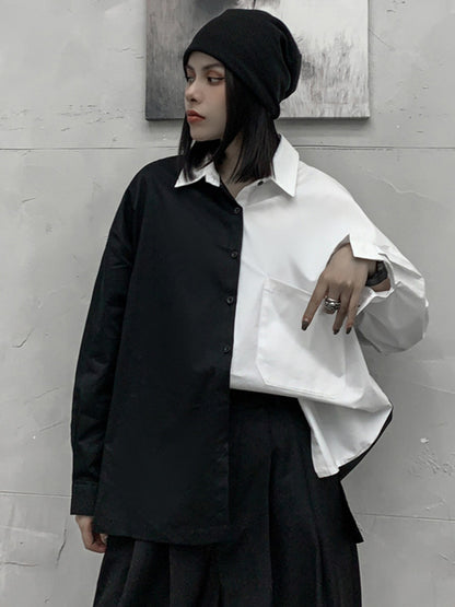 Stylish Contrast Color Split-Joint With Pocket Buttoned Lapel Color Long Sleeves Blouse