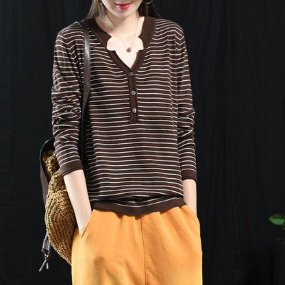 Buykud V-Neck Striped Long Sleeve Casual Blouse