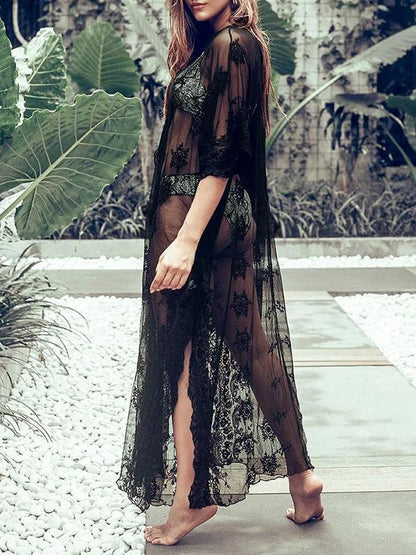 Lace See-Through Embroidered Bat Sleeve Tunicshang Cover-Ups Tops