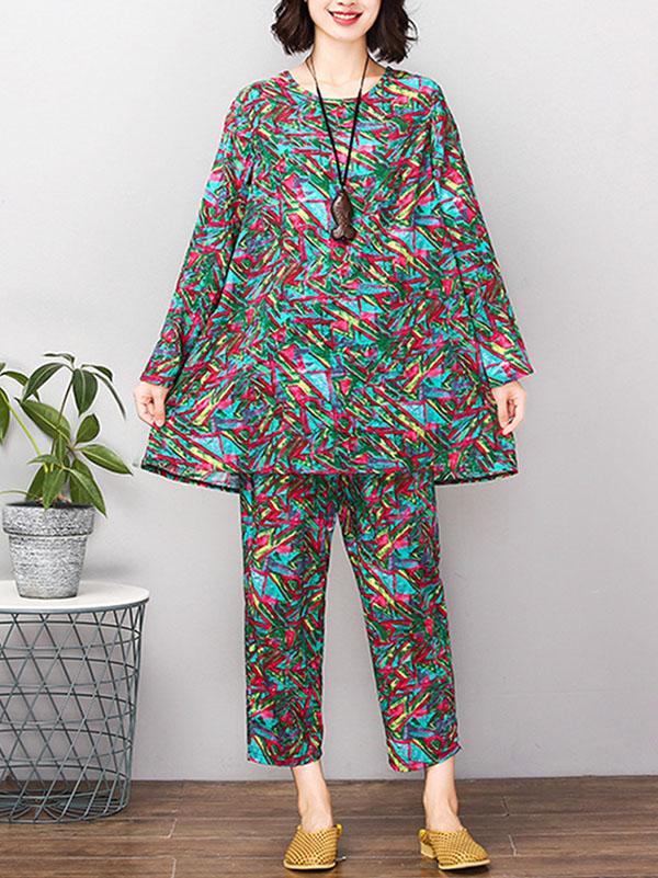 Red&Green Printed Round-neck T-shirt+Pants Suits