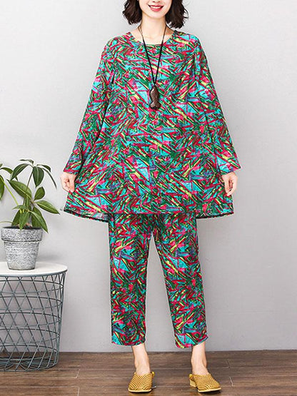 Red&Green Printed Round-neck T-shirt+Pants Suits