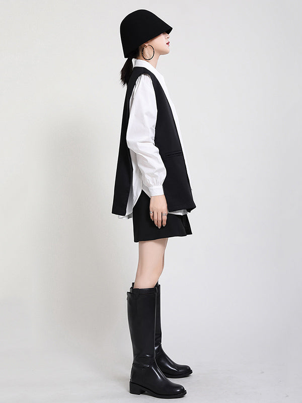 Stylish Urban Contrast Color Buttoned Lapel Collar Long Sleeves Blouse+Sleeveless Vest Outwear
