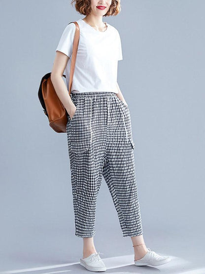 Loose Elastic Waist Plaid Harem Pants