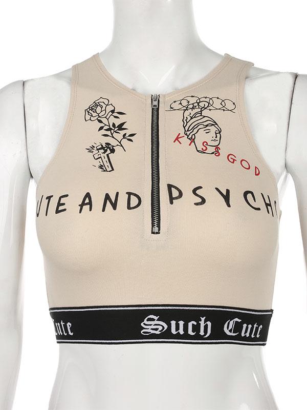Sexy Wrap Letters Printed Zipper Vest Top