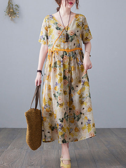 Original Artistic Retro Loose Tied Floral Printed Pleated V-Neck Short Sleeves Midi Dress