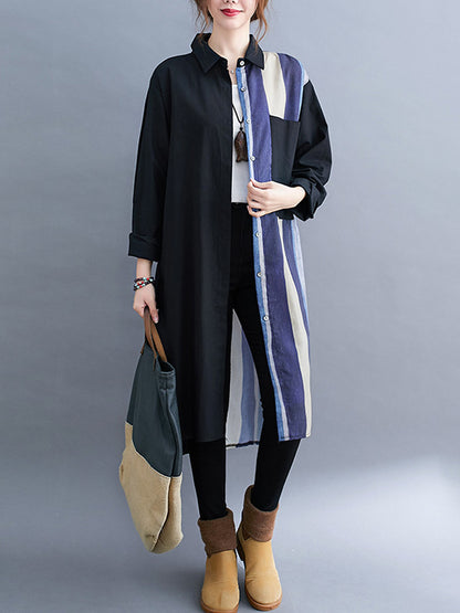 Original Buttoned Contrast Color Split-Joint  Long Sleeves Lapel Blouse