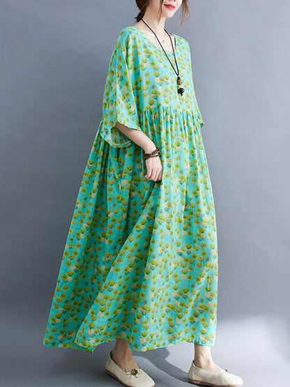 Summer Plant Printing Batwing Sleeves Split-Joint Round-Neck Long Dress