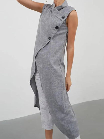Stylish High-Low Solid Color Cross-Strap Stand Collar Vest Top