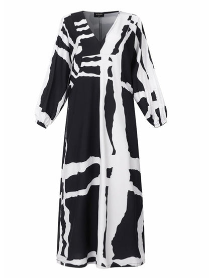 Original Casual Printed Color-Block V-Neck Batwing Sleeves Maxi Dress