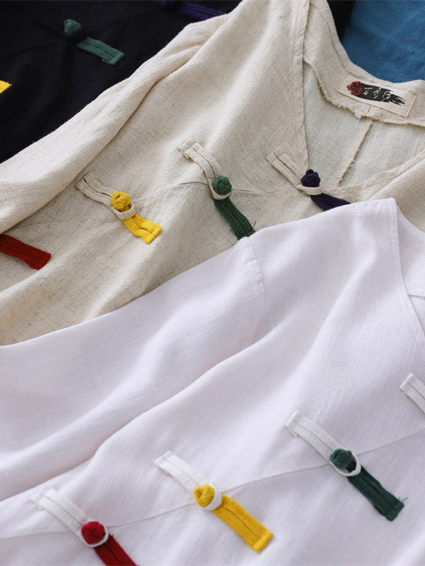 Original Casual Loose Linen Irregular Buttoned V-Neck Long Sleeves T-Shirt Tops&Wide Legs Casual Pants 2 Pieces Set