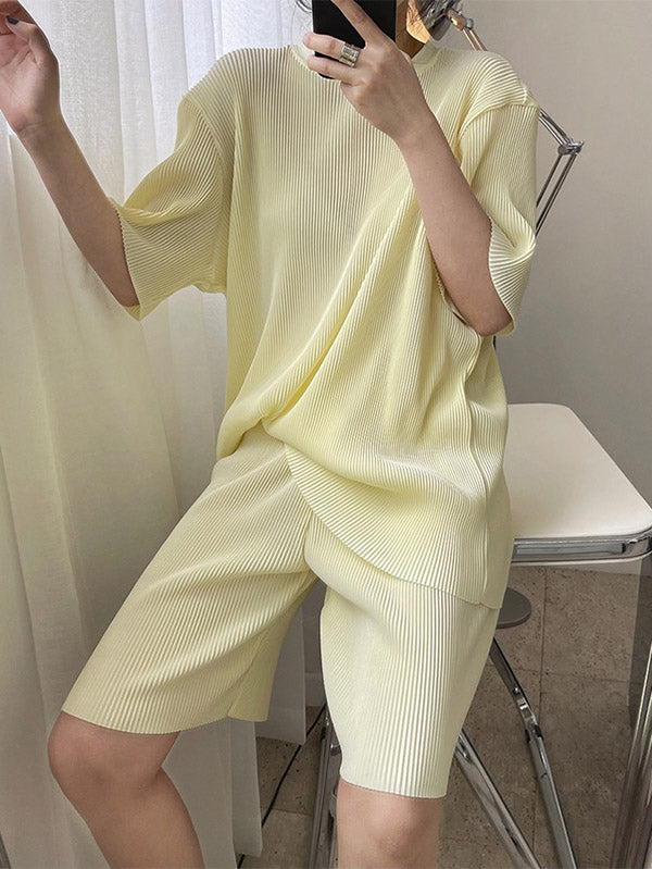 Simple Solid Color Plaited Short Sleeves T-Shirts