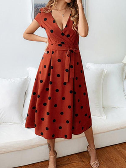 Simple Polka-dot V-neck Midi Dress