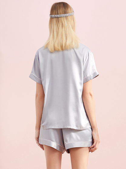 Casual Solid Color Notched Collar Short Sleeves Shirts+ Elastics Shorts Pajama