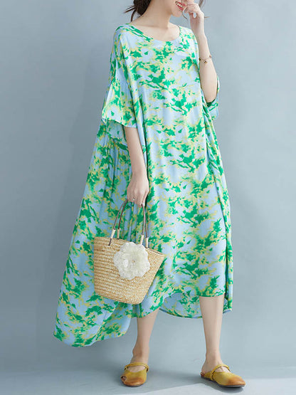 Stylish Printed Round-Neck Batwing Sleeve Midi Dress