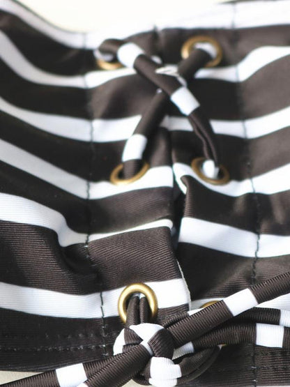 Sexy Striped Bow-embellished Top With High Cut Panty Bikini Set