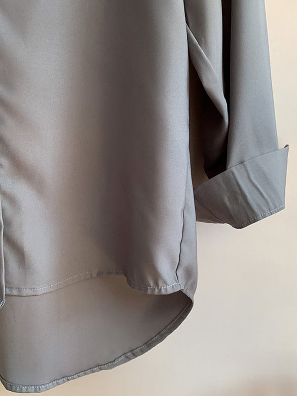 Simple Solid Color Buttoned Lapel Long Sleeves Blouse Tops