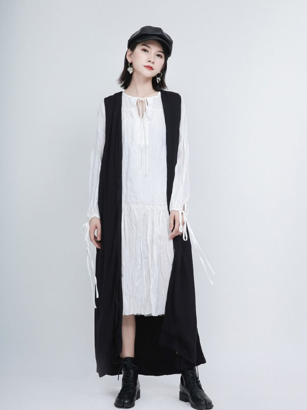 Loose Solid Pleated Lace Up Dress