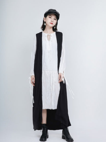 Loose Solid Pleated Lace Up Dress