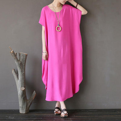 Women Cotton Short Sleeve Plain Pink Loose Dress