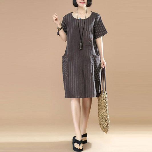 Stripe Women Loose Casual Short Sleeve Dark Coffee Dress