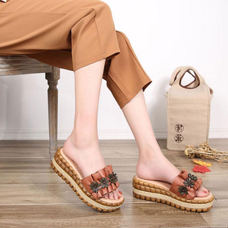 Slope Heel Thick Bottom Brown Slippers Women Beach Shoes