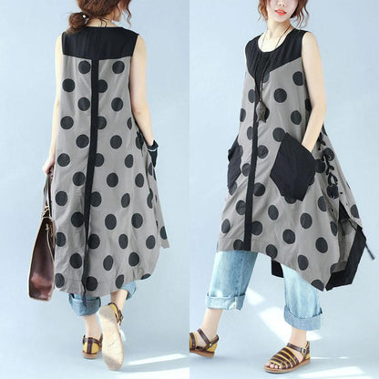Splicing Women Loose Casual Printing Dot Lacing Splitting Coffee Dress¡¡