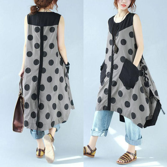 Splicing Women Loose Casual Printing Dot Lacing Splitting Coffee Dress¡¡