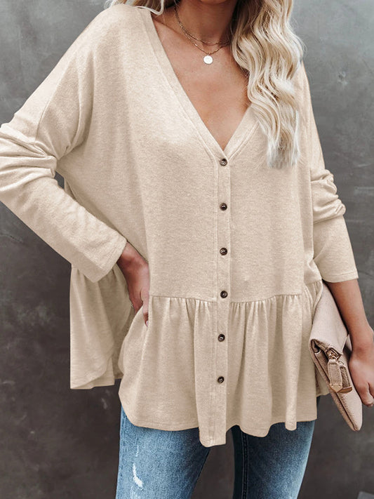 Casual 5 Colors Buttoned Falbala Pleated V-Neck Long Sleeves Outerwear