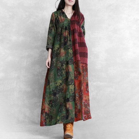Buykud V-Neck Printed Pleated Retro Loose Dress
