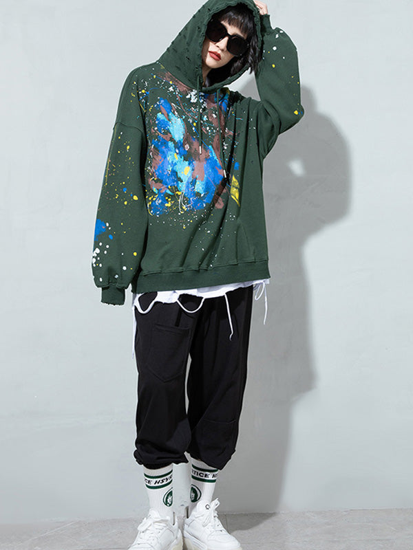 Fashion Printed Split-Joint Drawstring Hoodies Top