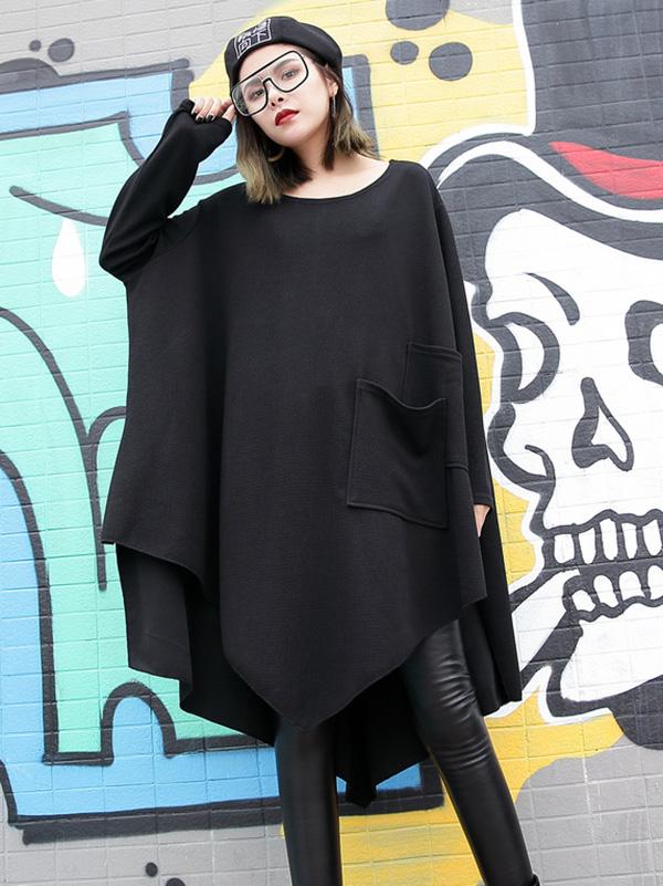 Loose Black Round-neck Asymmetric T-shirt Dress