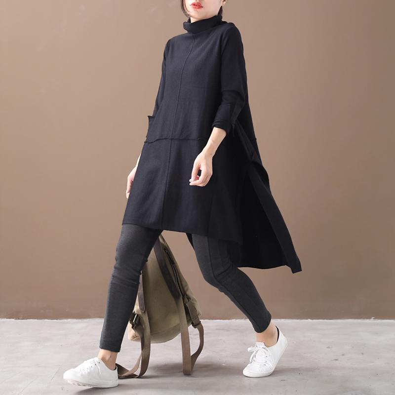 Buykud Loose Literary Irregular Split Hem Sweater Dress