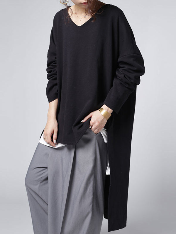 Casual Loose Solid Color Split-Side High-Low V-Neck Long Sleeves Sweatshirt