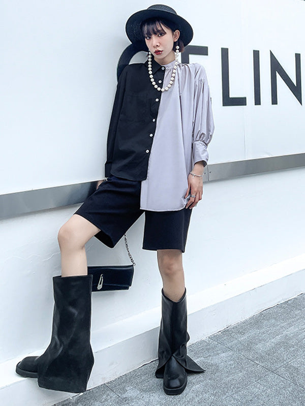 Irregular Casual Solid Color Pleated Buttoned Lapel Collar Long Sleeves Blouse