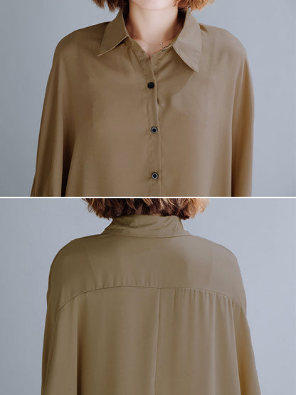Casual Solid Color Irregular Pleated Buttoned Lapel Collar Batwing Half Sleeves Blouse