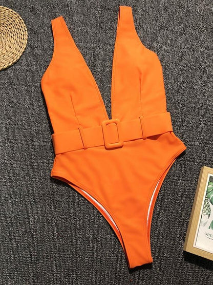 Belt Buckle Plain One Piece Swimsuit