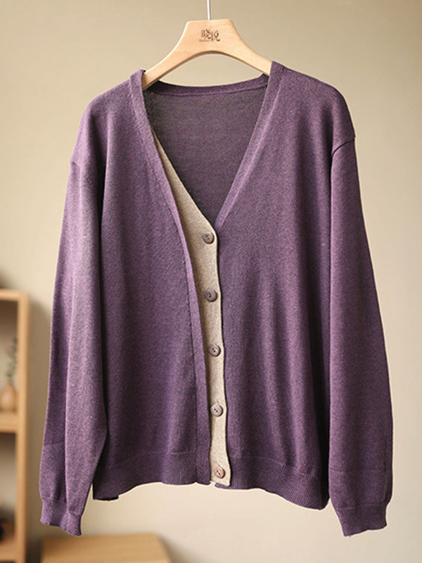 Simple Contrast Color Long Sleeves Cardigan Top