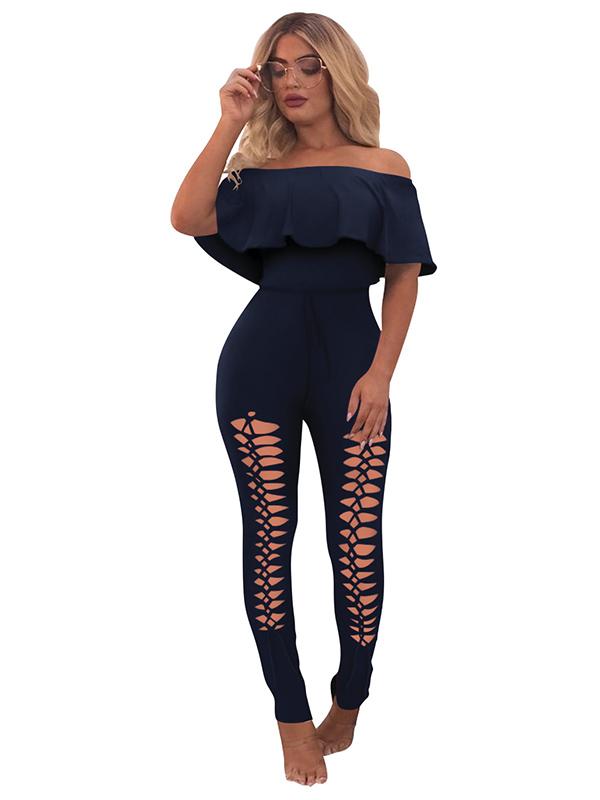 Off-The-Shoulder Lotus Leaf Sleeves Solid Sexy Jumpsuit