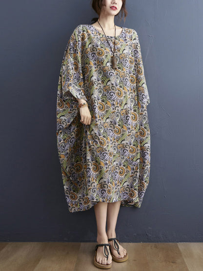 Loose National Floral Printed Round-Neck Batwing Sleeves Midi Dress
