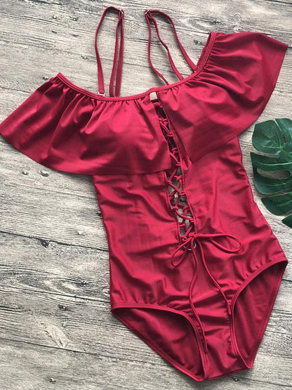 Off-the-shoulder Lace-up One-piece Swimwear