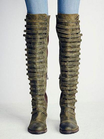 Punk Style Bandage High Boots Shoes in Army Green Color