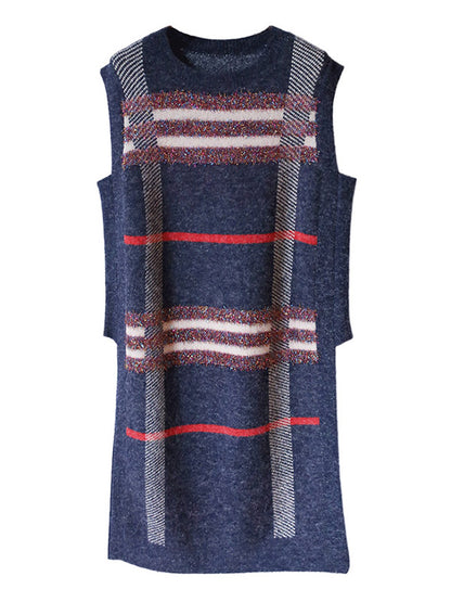 Artistic Retro Striped Split-Side Round-Neck Sleeveless Knitted Vest