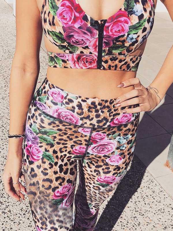 Zipper Leopard Floral Tank&Leggings Suits
