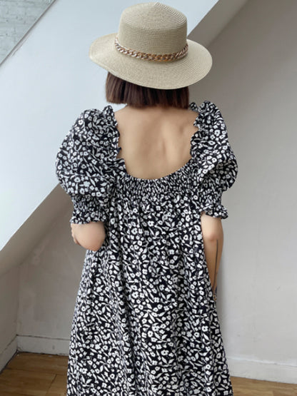 Fashion Floral Printed Square-Neck Puff Sleeves A-Line Midi Dress