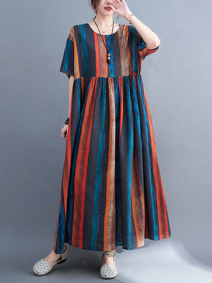 Original Loose Striped Contrast Color Pleated Midi Dress