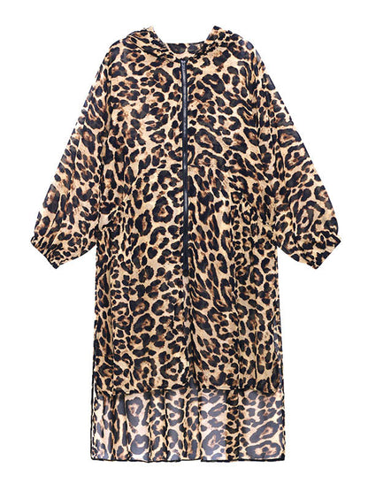 Original Leopard Zipper Split-Side Hooded Long Sleeves Sun-Protection Outerwear