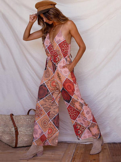 Floral V-neck Backless Wide Leg Jumpsuits