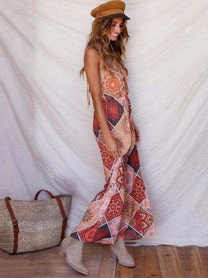 Floral V-neck Backless Wide Leg Jumpsuits
