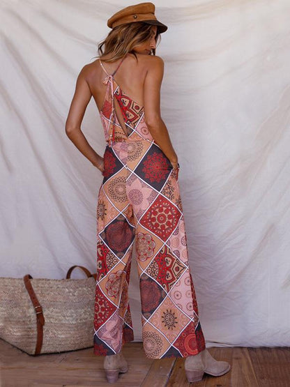 Floral V-neck Backless Wide Leg Jumpsuits